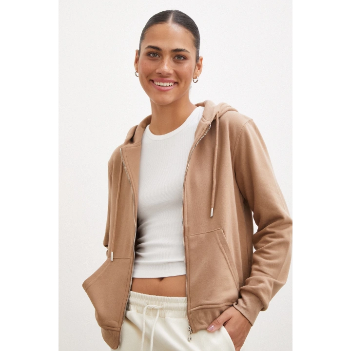 Fermuarlı Kapüşonlu Sweatshirt Kahve