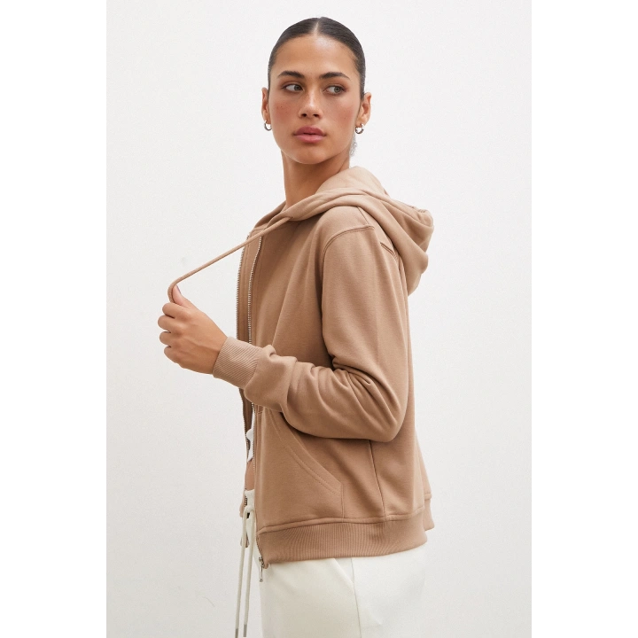 Fermuarlı Kapüşonlu Sweatshirt Kahve