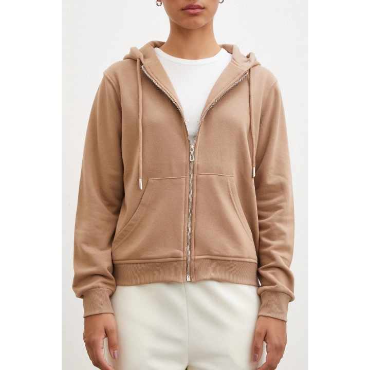 Fermuarlı Kapüşonlu Sweatshirt Kahve