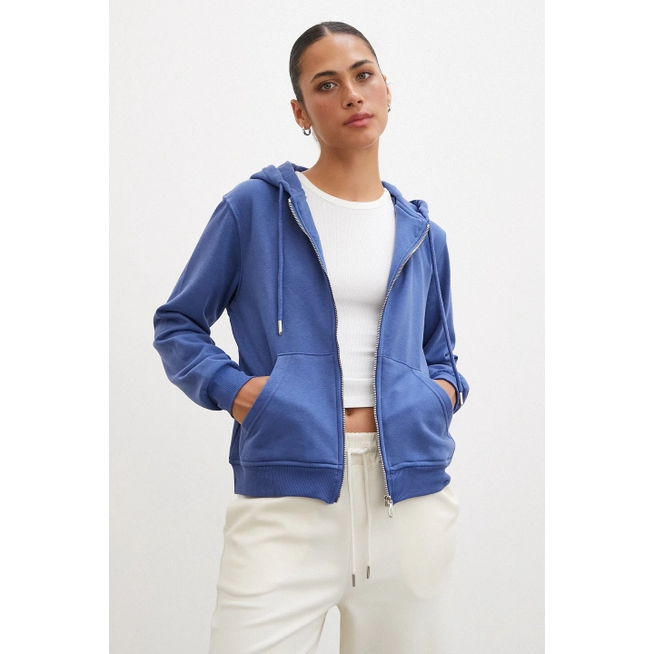 Fermuarlı Kapüşonlu Sweatshirt Mavi