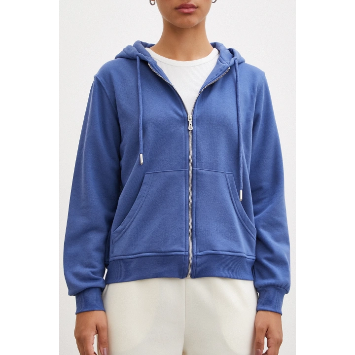 Fermuarlı Kapüşonlu Sweatshirt Mavi