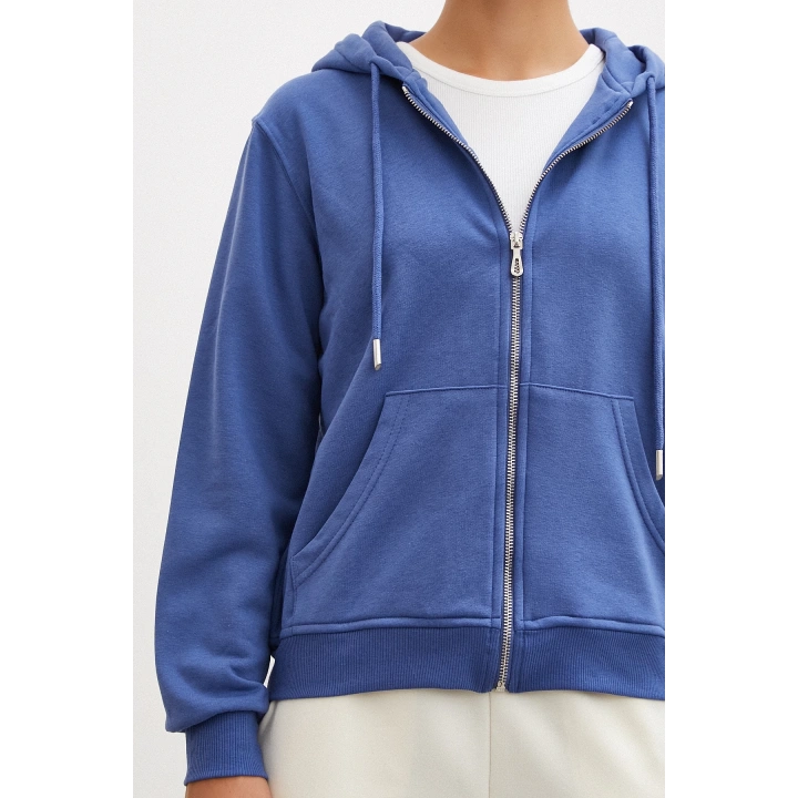 Fermuarlı Kapüşonlu Sweatshirt Mavi