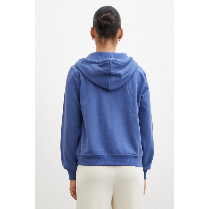 Fermuarlı Kapüşonlu Sweatshirt Mavi