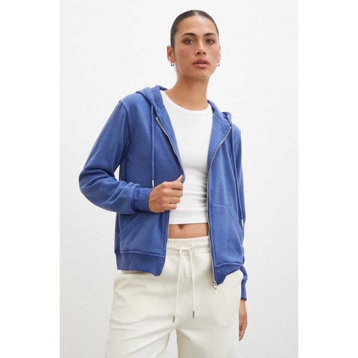 Fermuarlı Kapüşonlu Sweatshirt Mavi