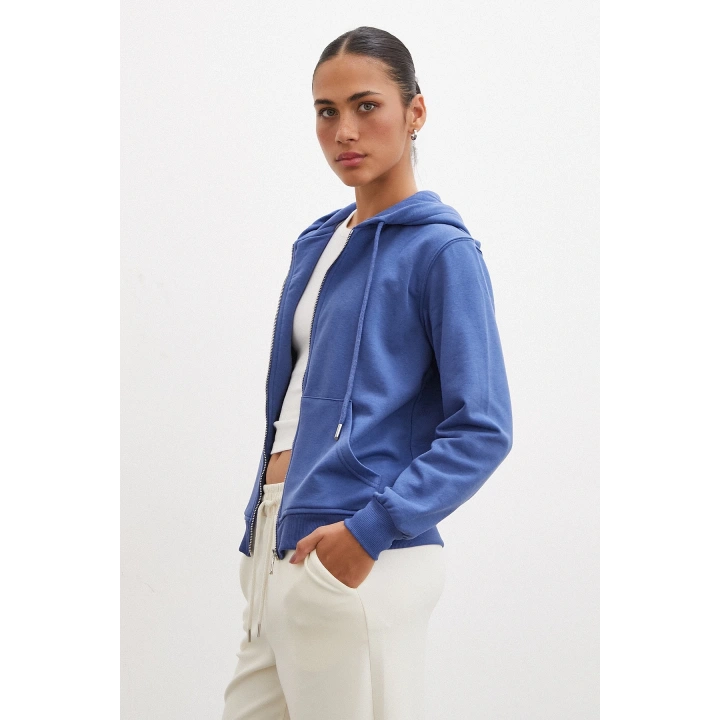 Fermuarlı Kapüşonlu Sweatshirt Mavi