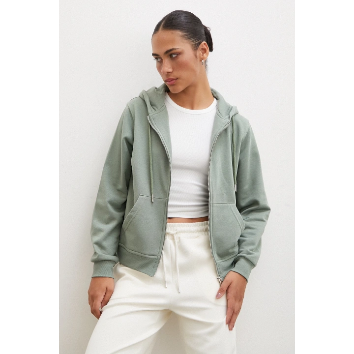 Fermuarlı Kapüşonlu Sweatshirt Yeşil