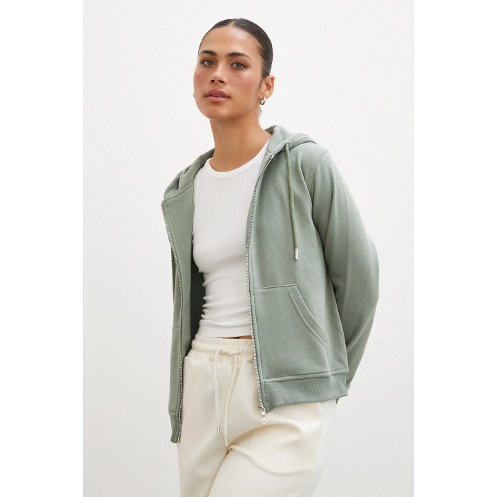 Fermuarlı Kapüşonlu Sweatshirt Yeşil