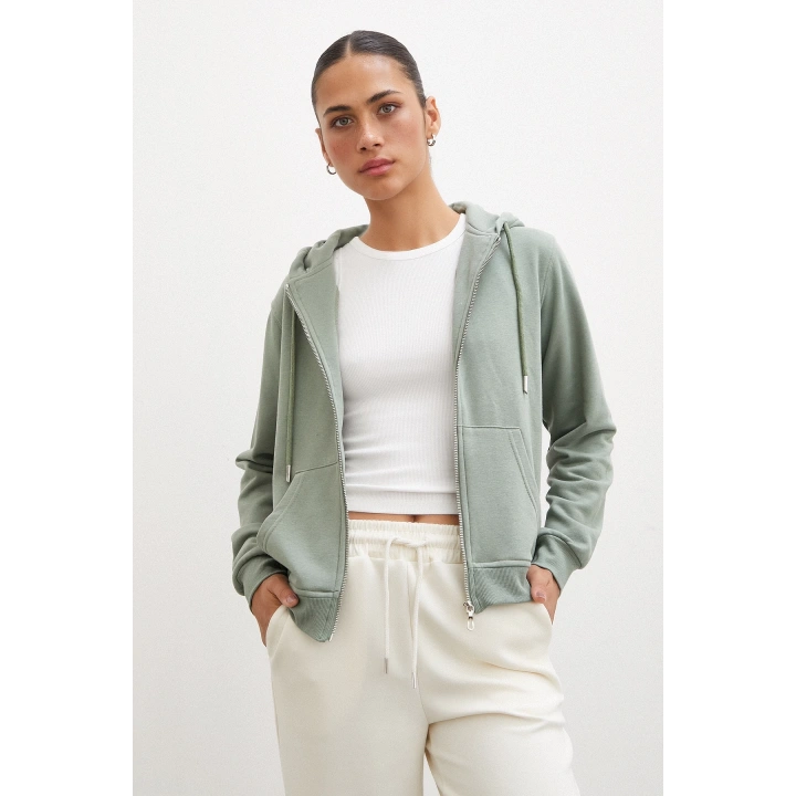 Fermuarlı Kapüşonlu Sweatshirt Yeşil
