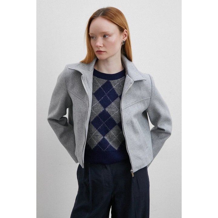 Fermuarlı Kaşe Ceket Gri