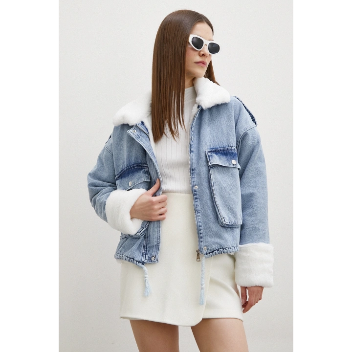Fermuarlı Kürklü Kot Mont Mavi
