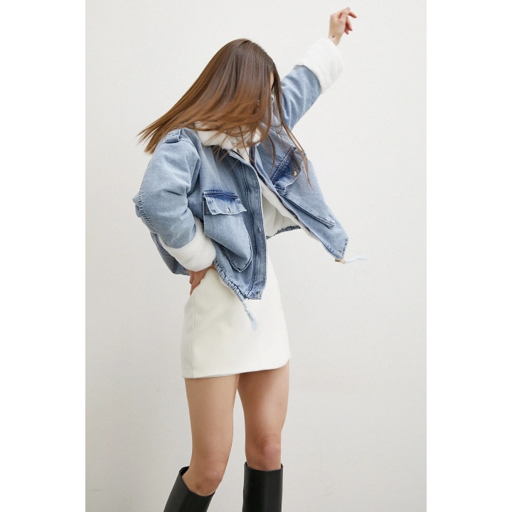 Fermuarlı Kürklü Kot Mont Mavi