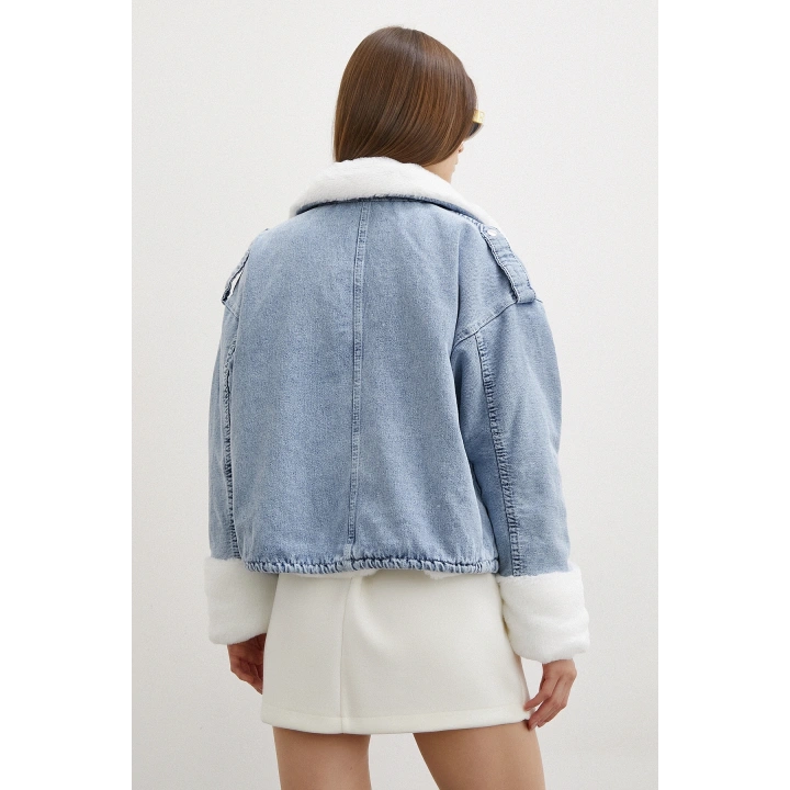 Fermuarlı Kürklü Kot Mont Mavi