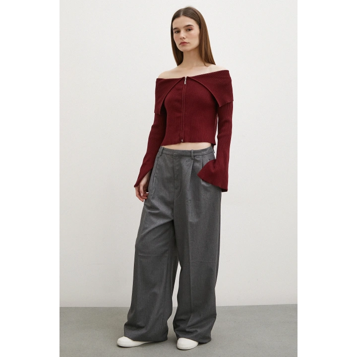 Fermuarlı Mendil Yaka Hırka Bordo