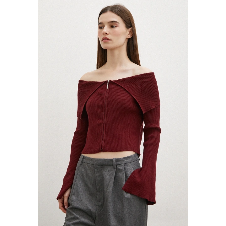 Fermuarlı Mendil Yaka Hırka Bordo