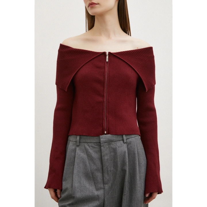 Fermuarlı Mendil Yaka Hırka Bordo