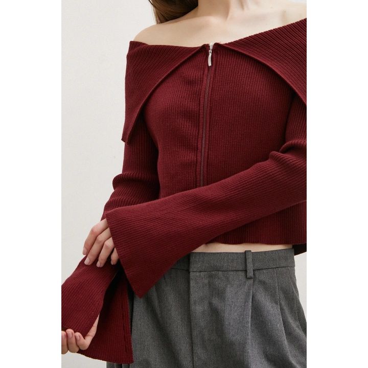 Fermuarlı Mendil Yaka Hırka Bordo