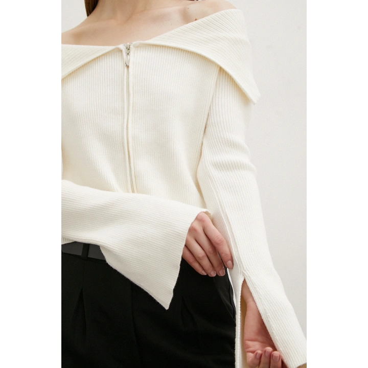 Fermuarlı Mendil Yaka Hırka Ekru