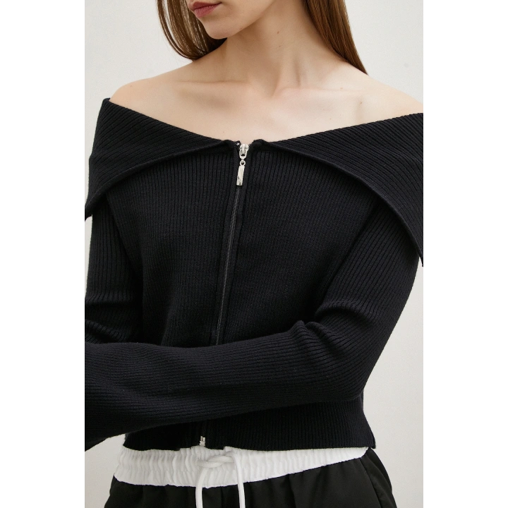 Fermuarlı Mendil Yaka Hırka Siyah