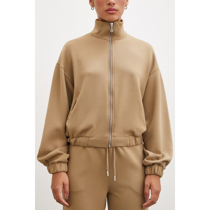 Fermuarlı Sweatshirt Camel