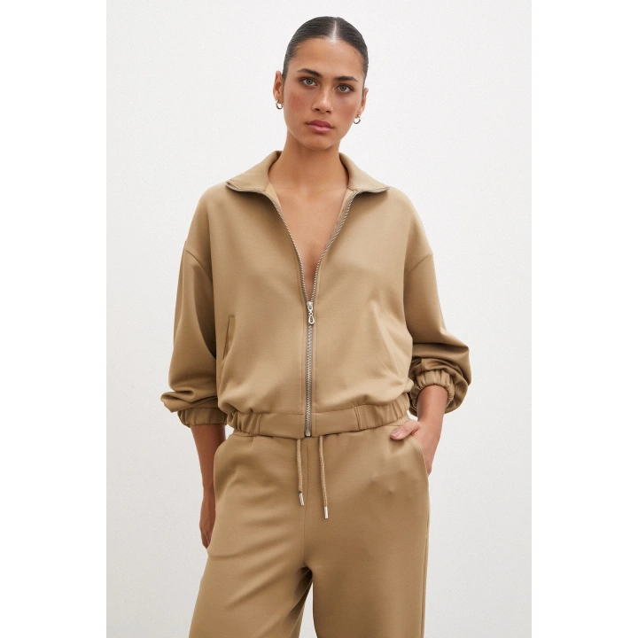 Fermuarlı Sweatshirt Camel