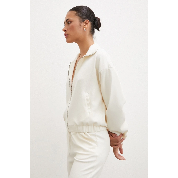 Fermuarlı Sweatshirt Ekru