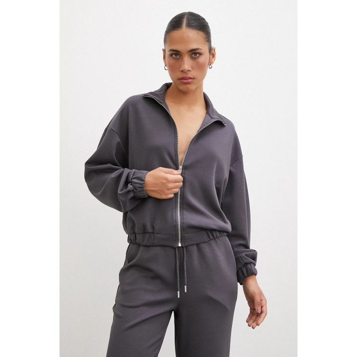 Fermuarlı Sweatshirt Füme