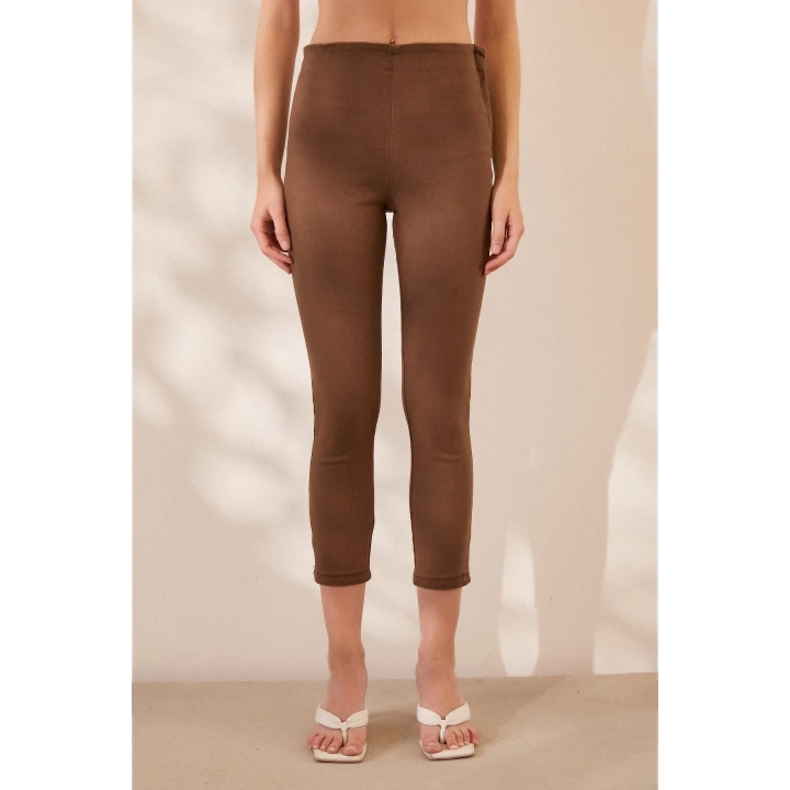 Fermuarlı Tayt Pantolon Kahve
