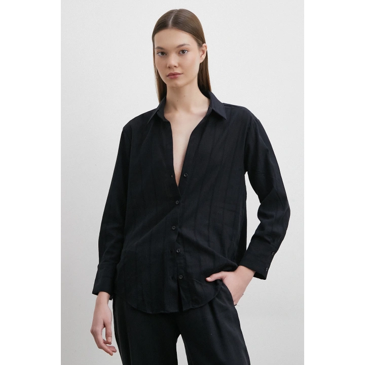 File Çizgili Gömlek Siyah