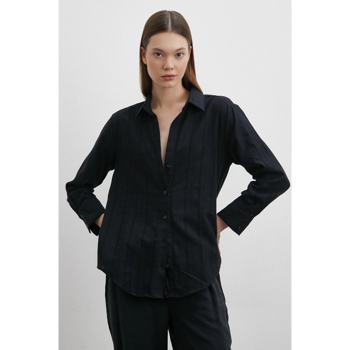 File Çizgili Gömlek Siyah