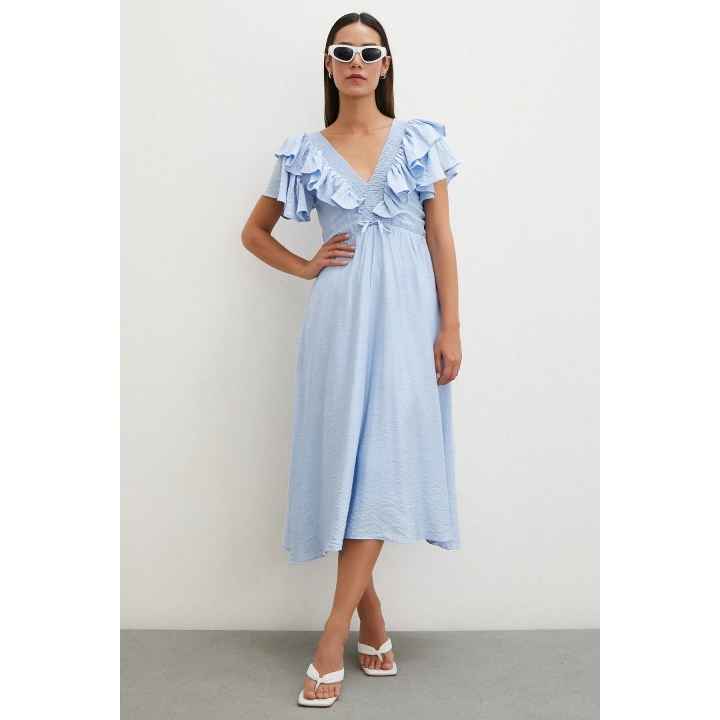 Fırfır Detaylı V Yaka  Gipeli Keten Elbise Mavi