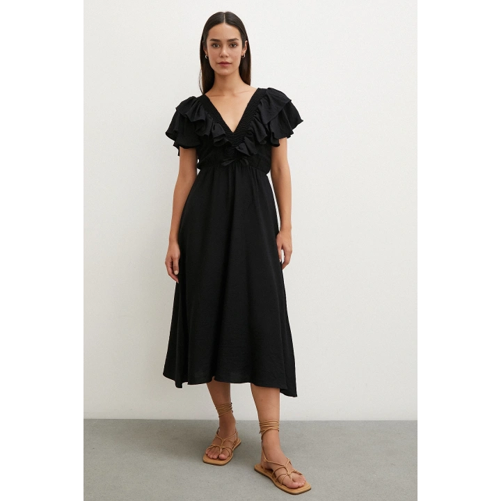 Fırfır Detaylı V Yaka  Gipeli Keten Elbise Siyah