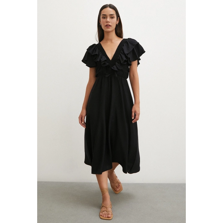 Fırfır Detaylı V Yaka  Gipeli Keten Elbise Siyah