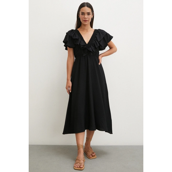 Fırfır Detaylı V Yaka  Gipeli Keten Elbise Siyah