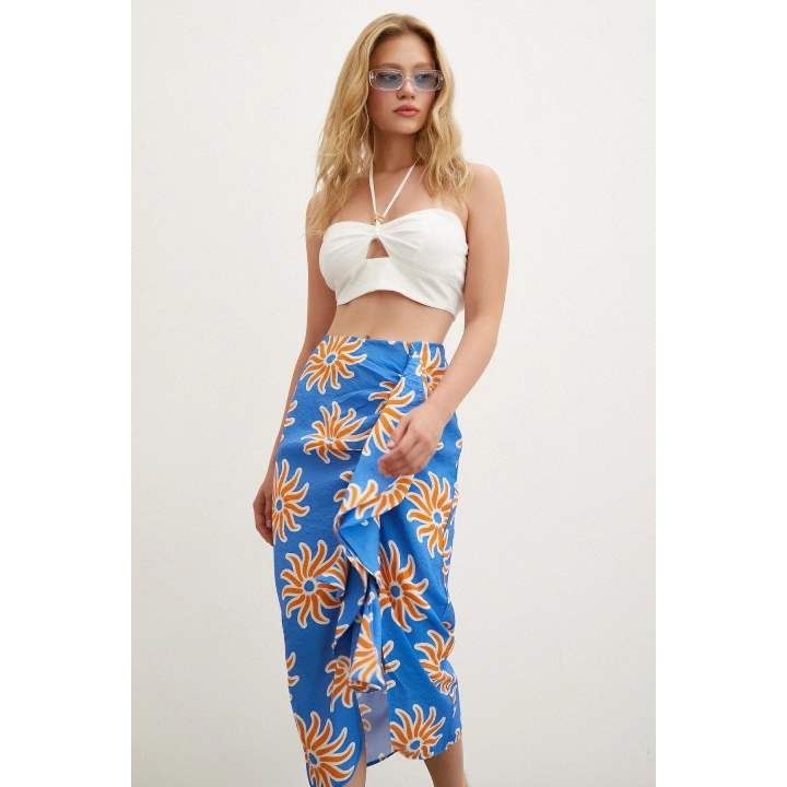 Fırfırlı Desenli Etek Mavi