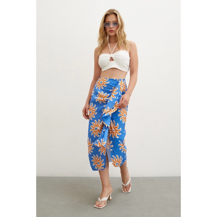 Fırfırlı Desenli Etek Mavi