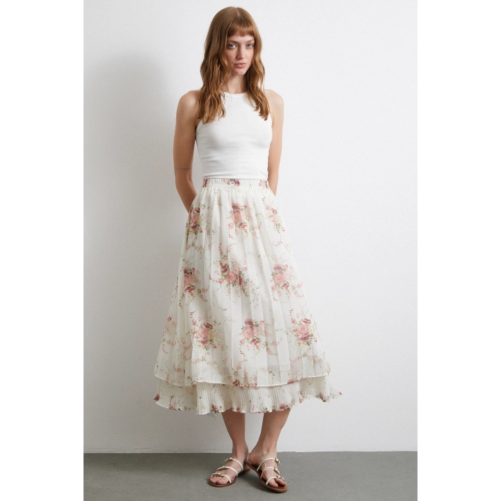 Fırfırlı Piliseli Etek Krem