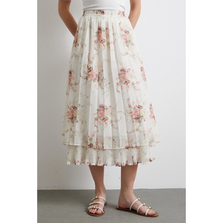 Fırfırlı Piliseli Etek Krem