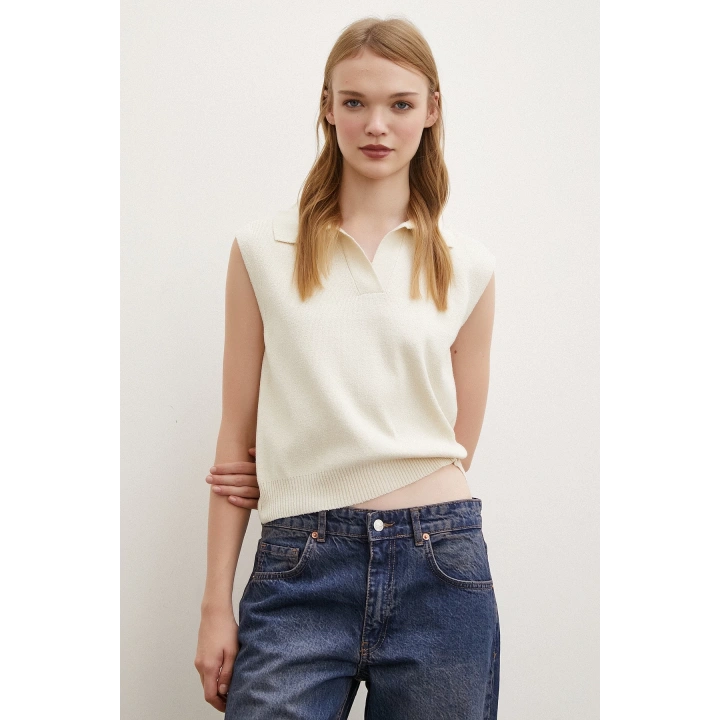 Firuze Polo Yaka Süveter Krem