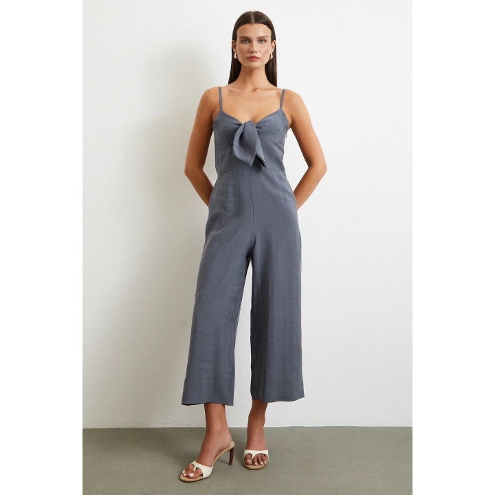 Fiyonklu Askılı Tulum Gri