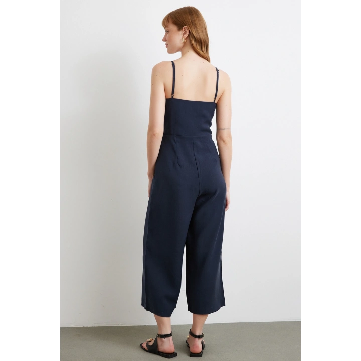 Fiyonklu Askılı Tulum Lacivert