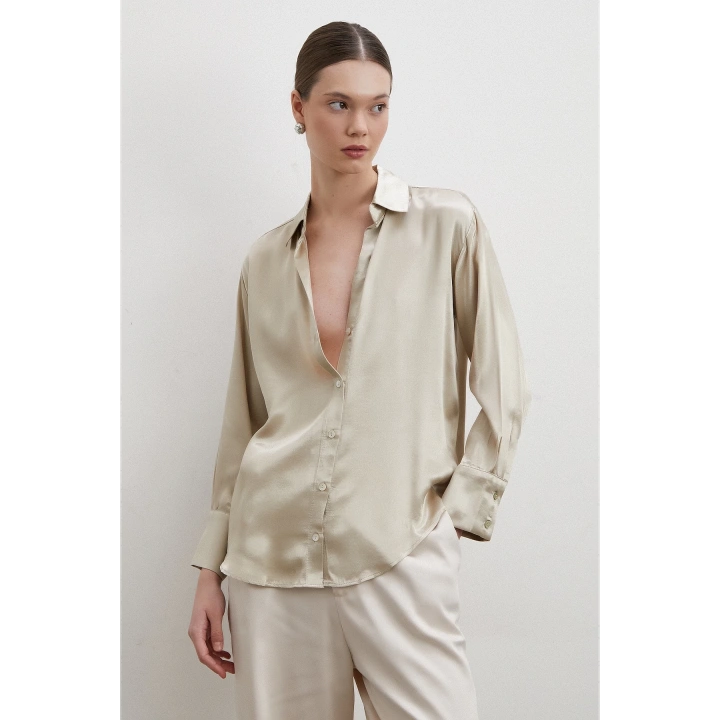 Floş Basic Saten Gömlek Bej