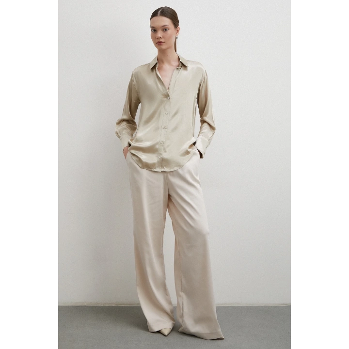 Floş Basic Saten Gömlek Bej