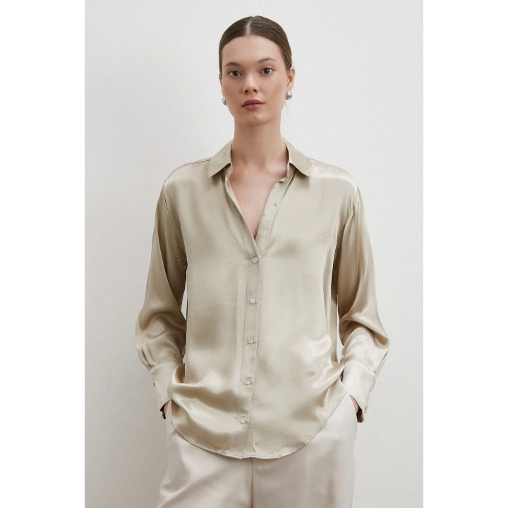 Floş Basic Saten Gömlek Bej