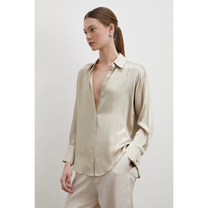 Floş Basic Saten Gömlek Bej