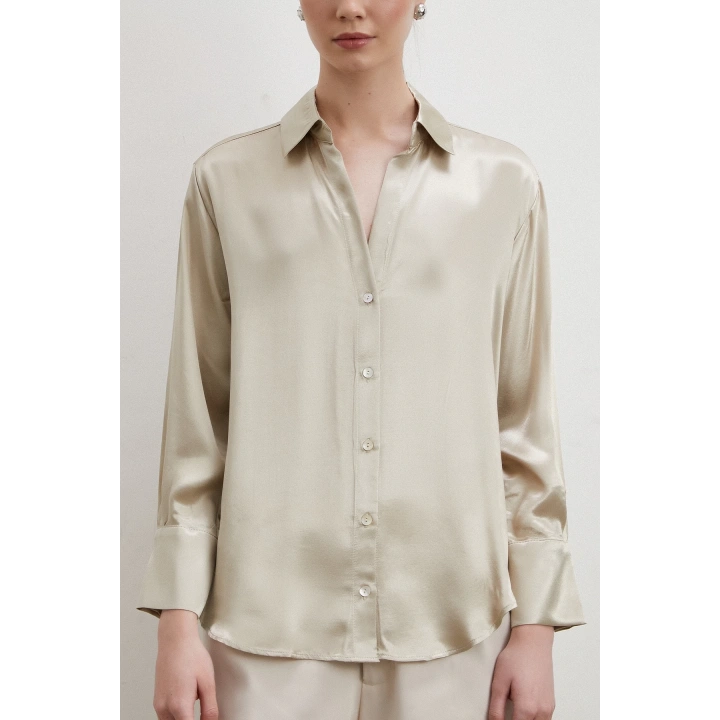 Floş Basic Saten Gömlek Bej