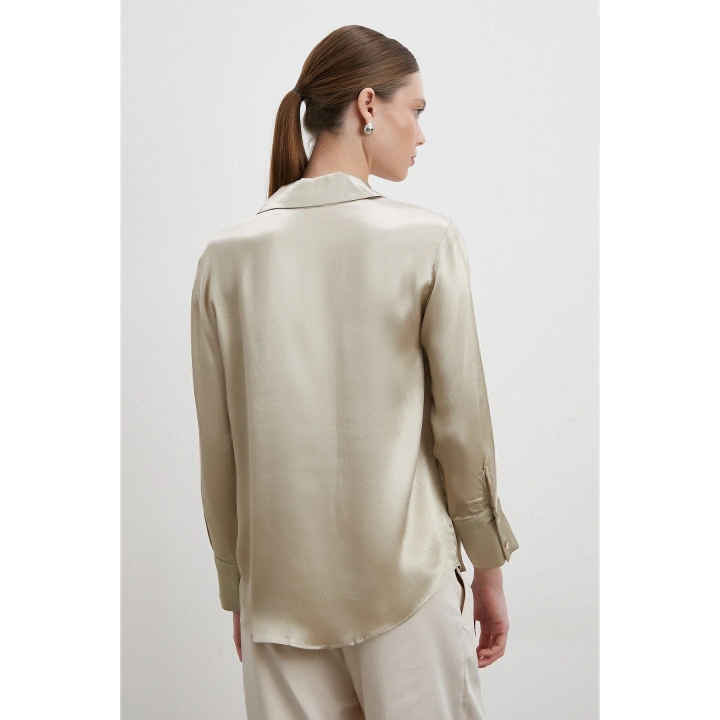 Floş Basic Saten Gömlek Bej