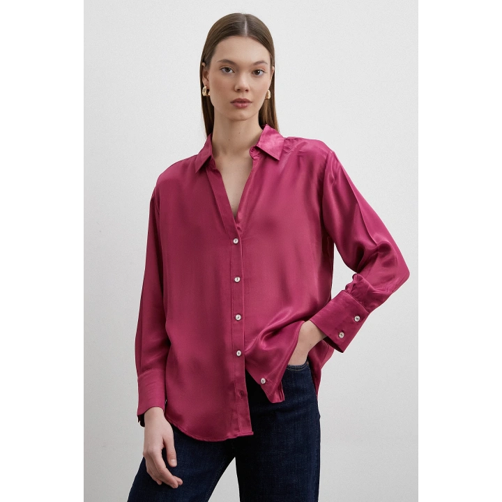 Floş Basic Saten Gömlek Mürdüm
