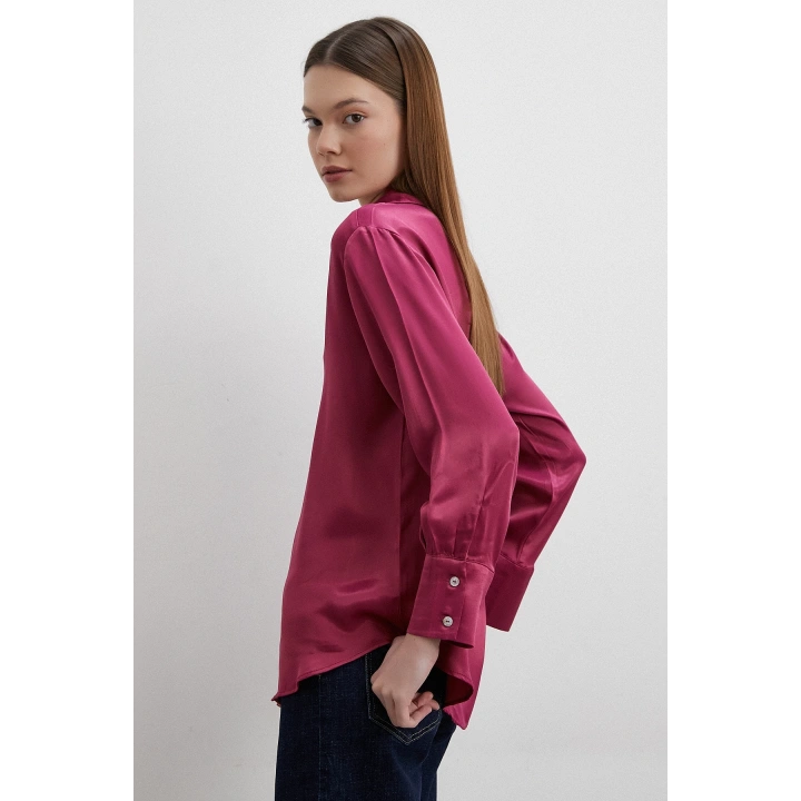 Floş Basic Saten Gömlek Mürdüm