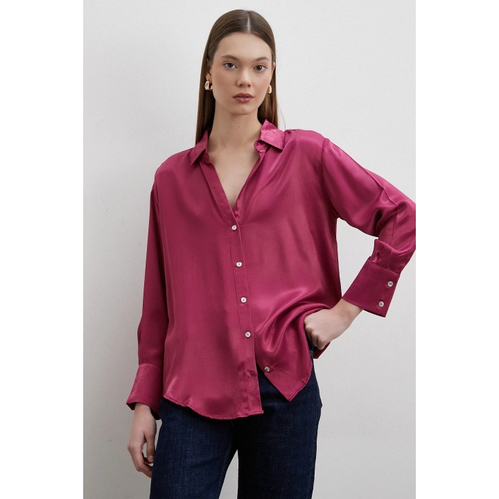 Floş Basic Saten Gömlek Mürdüm