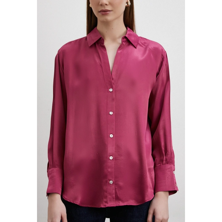 Floş Basic Saten Gömlek Mürdüm
